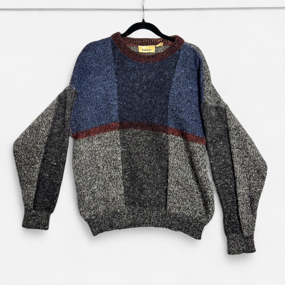 Vintage 80s 90s Damon Colorblock Crewneck Knit Sweater L Italy‎ Grandpacore Cozy